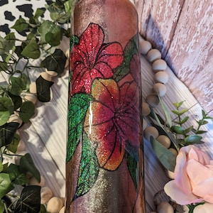 30 oz skinny hibiscus flowers . Stained glass window style  stainless steel double insulated epoxy tumbler with lid and straw