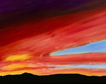 May include: A painting depicting a sunset with a vibrant red, orange and yellow sky above a silhouetted mountain range. The sky is painted with long, horizontal strokes, giving a sense of movement and energy.