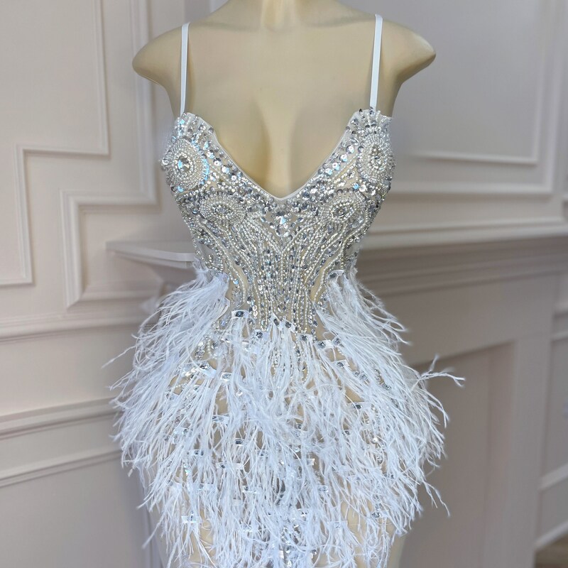 Beautiful Customer In Our Silk White Feather Dress main image 1