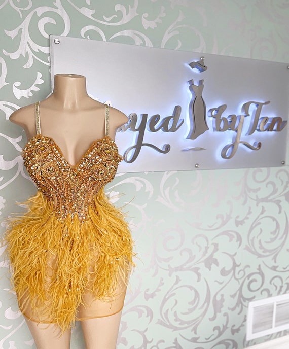 Cruella Gold Feathered Dress Etsy