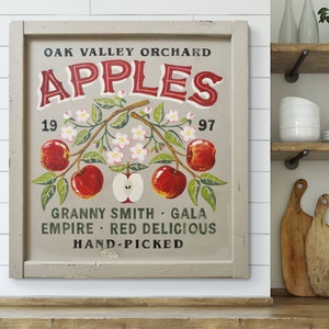Apple Home Decor, Rustic Apple Sign, Apple Country Wall Art, Apple Blossom Painting, Fall Kitchen Artwork, Apple Tree Botanical, Fruit Sign