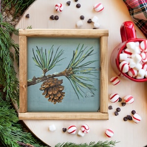 Pine Tree Sign, Holiday Nature Art, Pine Cone Christmas Decor, Rustic Christmas Shelf Sitter, Natural Christmas Wood Sign, Evergreen Trees