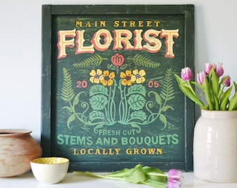 Flower Shop Sign, Fresh Flower Market, Flower Lover Gift, Farmhouse Garden Decor, Spring Floral Decor, Reproduction Trade Sign, Florist Gift
