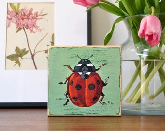Lady bug Art, Ladybug Painting, Ladybug Decor, Small Spring Sign, Spring Decorations, Ladybug Gift, Insect Decor, Bug Gift, Entomology Art