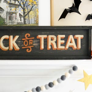 Trick or Treat Sign, Halloween Primitive Wall Decor, Modern Farmhouse Halloween Decor, Vintage Style Halloween Sign, Halloween Shelf Decor image 2