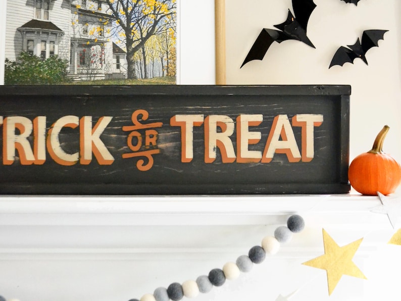 Trick or Treat Sign, Halloween Primitive Wall Decor, Modern Farmhouse Halloween Decor, Vintage Style Halloween Sign, Halloween Shelf Decor image 2