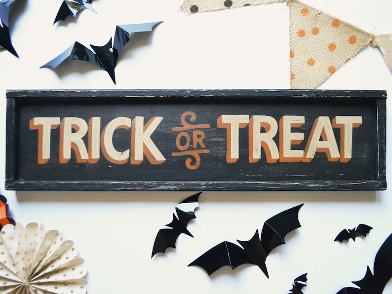 Trick or Treat Sign, Halloween Primitive Wall Decor, Modern Farmhouse Halloween Decor, Vintage Style Halloween Sign, Halloween Shelf Decor image 1