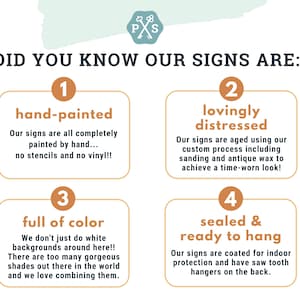 May include: A graphic with four colorful boxes highlighting the features of hand-painted signs. The boxes are labeled "hand-painted", "lovingly distressed", "full of color", and "sealed & ready to hang".