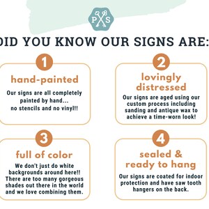 May include: A graphic with four colorful boxes highlighting the features of hand-painted signs. The boxes are labeled "hand-painted", "lovingly distressed", "full of color", and "sealed & ready to hang".