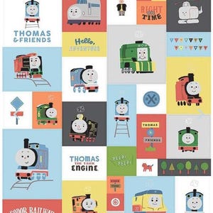 May include: A colourful illustration featuring Thomas the Tank Engine and his friends. The illustration is divided into a grid of squares, each featuring a different character or scene. The characters are all brightly coloured and have friendly faces. The illustration includes the text "Thomas & Friends", "Hello, Adventure", "Thomas the Tank Engine", "Right on Time", "Peep! Peep!" and "Sodor Railway".