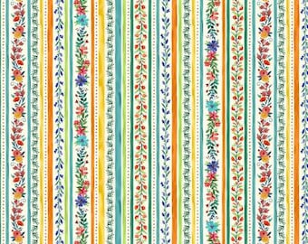 Twirling Flowers Stripes and Flowers in White by Michael Miller