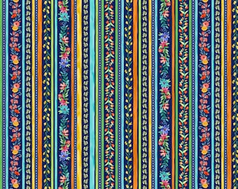 Twirling Flowers Stripes and Flowers in Navy Blue by Michael Miller