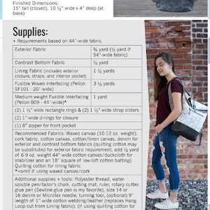 May include: A sewing pattern for a range backpack, with a list of supplies and fabric requirements. The pattern includes instructions for making a foldover top, zippered pocket, and adjustable straps. The pattern is for a backpack that is 38 cm tall, 27 cm wide, and 10 cm deep.