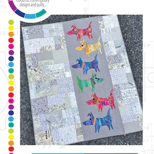 May include: A colorful quilt featuring six appliqued dog figures in various colors. The dogs are on a gray background, with a patchwork design of newspaper print fabric. The text "MOD DOG" is at the bottom.