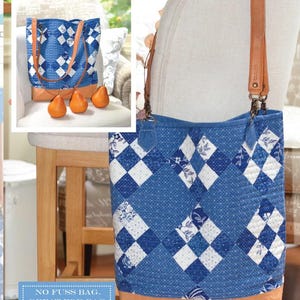 May include: A blue denim patchwork tote bag with brown leather handles and base. The bag features a diamond pattern in white and blue. Text on the image reads "Denim Patchwork Tote" and "No Fuss Bag. Great for Bag Beginners!"