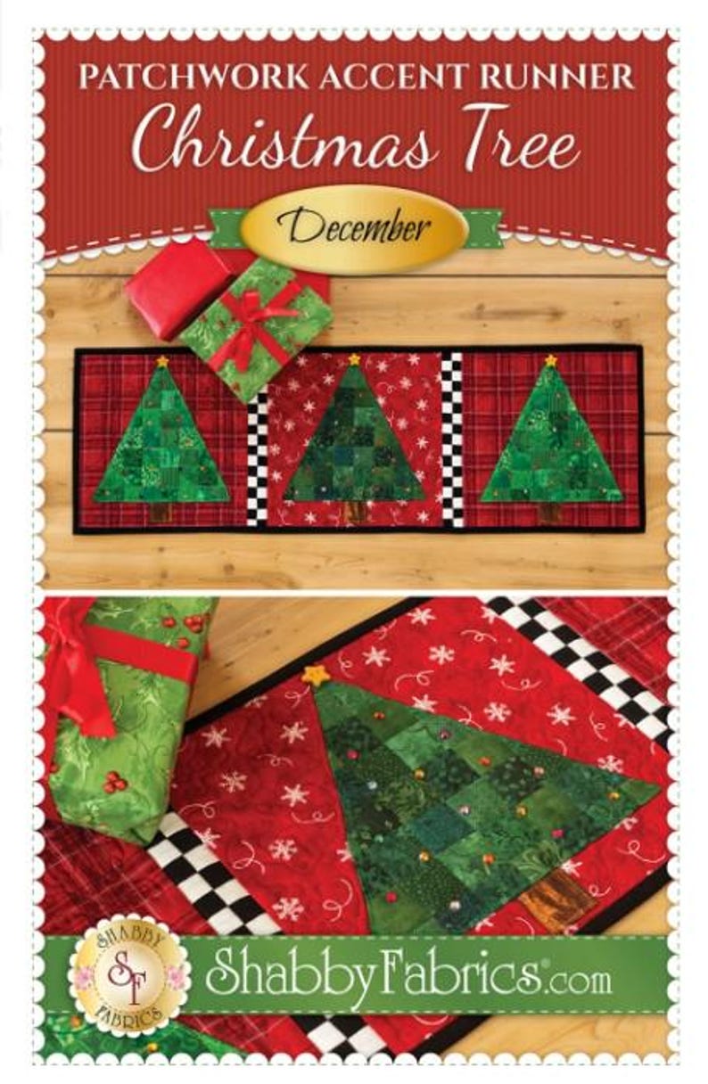 May include: Patchwork accent runner with Christmas tree design. The runner features green Christmas trees on a red background with black and white checkered borders. The top banner reads "Patchwork Accent Runner Christmas Tree December".