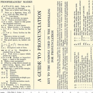 Puede incluir: Una guía vintage sobre las marcas de corrección y los símbolos utilizados en la pronunciación y la reortografía. La guía incluye una clave de los símbolos utilizados en la reortografía para la pronunciación, con ejemplos de cómo usar cada marca.