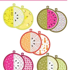 May include: A pattern for fruit slice pot holders. The design features colourful, circular pot holders with fruit slice designs, including lemon, watermelon, orange, apple, and kiwi. The text "the FRUIT SLICE POT HOLDERS pattern" is at the top.