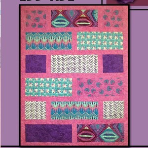 May include: A pink quilt with the text "EBB TIDE" and "Villa Rosa Designs". The quilt features rectangular and square blocks with various patterns in teal, purple, and white. A purple rose is in the upper right corner.