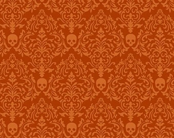 On Sale!  Spooky Night Orange Damask Print with Skulls Fabric