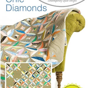 May include: A quilt with a geometric diamond pattern in shades of tan, blue, orange, pink, and green is draped over a green velvet chaise lounge. The quilt pattern is also shown in a smaller inset image. The text "Chic Diamonds" is visible.