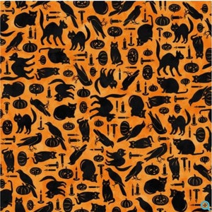 May include: A seamless pattern featuring black silhouettes of cats, crows, pumpkins, and candles on an orange background. The design is perfect for Halloween-themed crafts and projects.