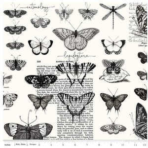Art Journal Butterflies White Fabric with Black Print by Riley Blake Designs