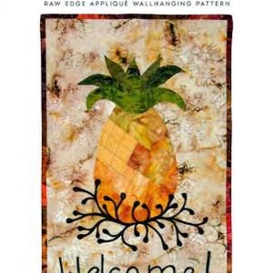 May include: A wall hanging with a pineapple design. The pineapple is orange and yellow with green leaves. The word "Welcome" is written in black script below the pineapple. The wall hanging measures 13 x 22 inches.