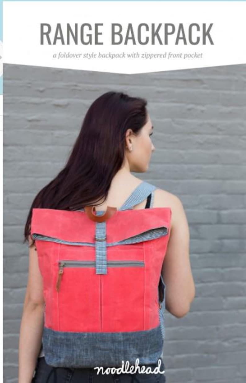 May include: A coral-coloured foldover backpack with a zipped front pocket and a blue and white gingham strap. The backpack is made by Noodlehead.