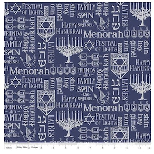 ON SALE!  50% off Hanukkah Navy Blue Fabric with Silver Print