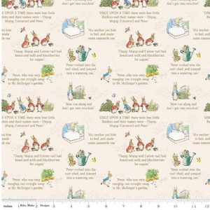 May include: A beige fabric with a repeating pattern of illustrations of Peter Rabbit and his siblings. The fabric features text from the book "The Tale of Peter Rabbit" by Beatrix Potter. The text includes the story of Peter Rabbit and his siblings going into Mr. McGregor's garden. The fabric is perfect for quilting, sewing, and crafting.