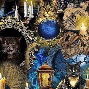 Mystical Spooky Cats Halloween Fabric