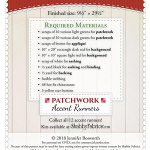May include: A product package for a Christmas Tree patchwork accent runner. The package features a red banner with white text and a list of required materials, including green and red fabric scraps, rhinestones, and buttons. Finished size is 9.5" x 29.5".