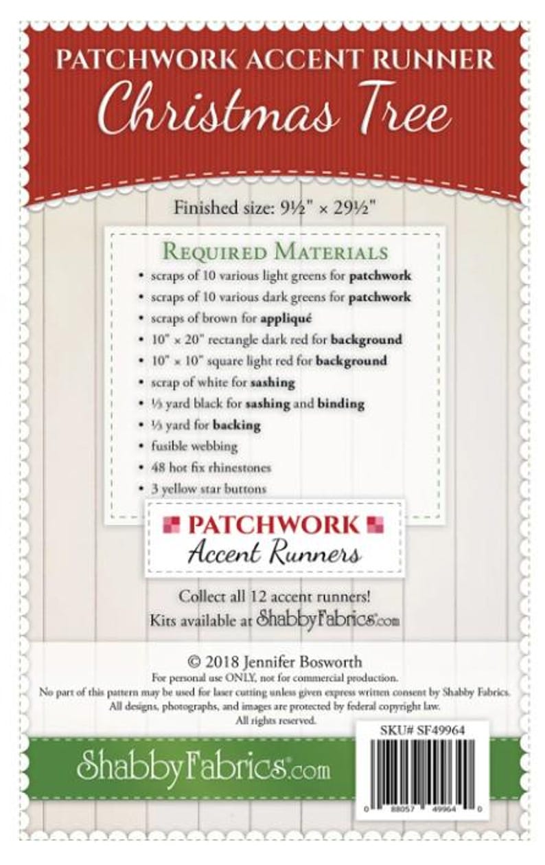 May include: A product package for a Christmas Tree patchwork accent runner. The package features a red banner with white text and a list of required materials, including green and red fabric scraps, rhinestones, and buttons. Finished size is 9.5" x 29.5".