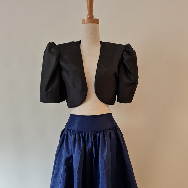 Black 1980's fully Lined Polyester taffeta Bolero Jacket with full gathered sleeves and shoulder pads size 10-12.