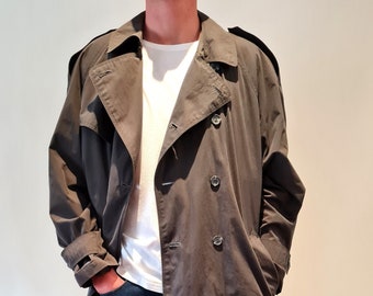 Burton Menswear UK, 1990's Suede finish microfibre Men's oversized Dark Grey trench coat with zip out lining, Size M-L