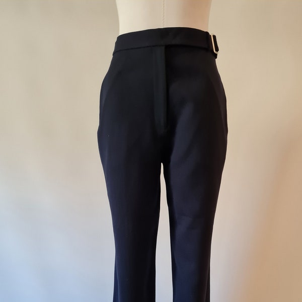 90's TN by Trent Nathan Dark Navy Pure Wool double crepe slimline trousers with silver buckle and side pockets.