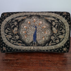 1960's Hand beaded, lovely vintage cloth beaded evening clutch with an embroidery detailed flat hand strap on the back