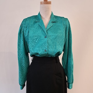 Vintage 80s Jade Green Animal Print Blouse - Size 12