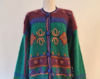1980's Handknited Jade Green, Purple and Orange Mohair cardigan,crochet buttons,  1980'a Size M
