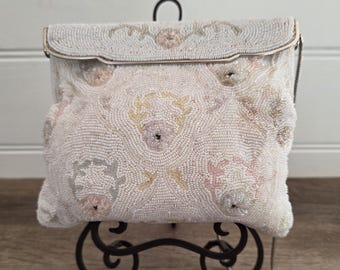 1950's White and pastel beaded wedding handbag, floral design silver hardware.