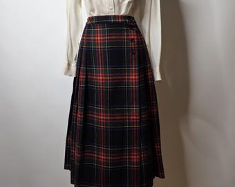 Sportscraft traditional Stewart tartan pleated wrapover skirt.