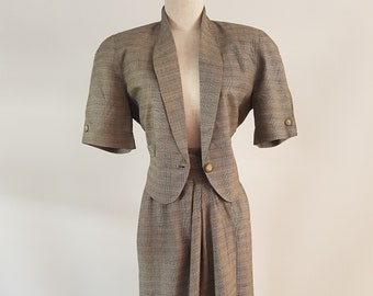 1990s Country Road Silk Blend Skirt Suit: Checked Wrap Skirt, Short Sleeve Jacket