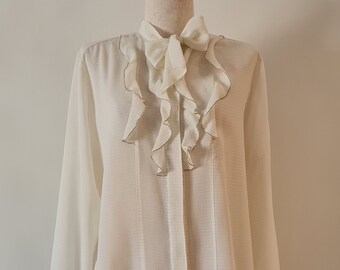 Ruffled and tie neck Cream square weave georgette 90's blouse from Rodney Clark.