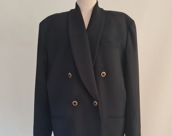 Vintage Sportscraft Wool Crepe Blazer: 1980s Double Breasted Gold Button, Size 14-16