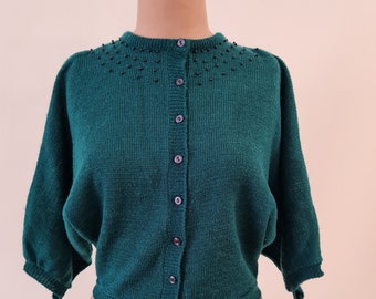 80's Pine green dolman sleeve cropped round neck cardigan with bead detail, size S