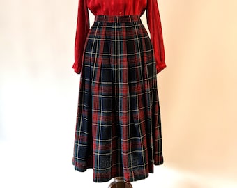 Simona, Australia Black watch tartan pleated mid calf length boucle skirt, size 12