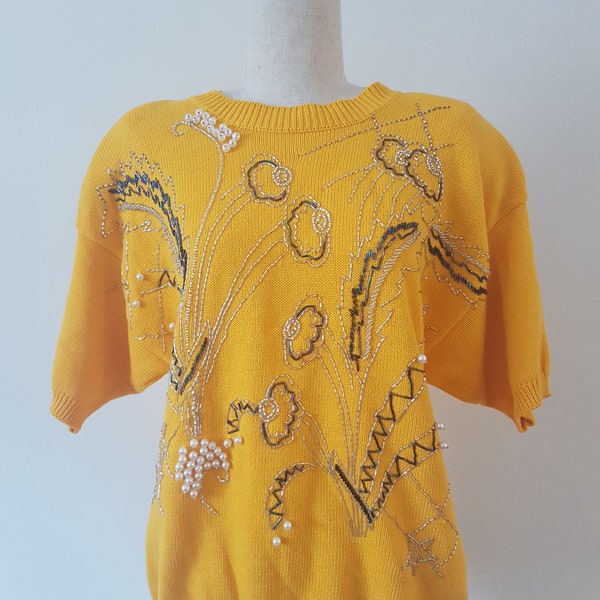 Yellow 80's short sleeved cotton beaded sweater from Sandra Steiner