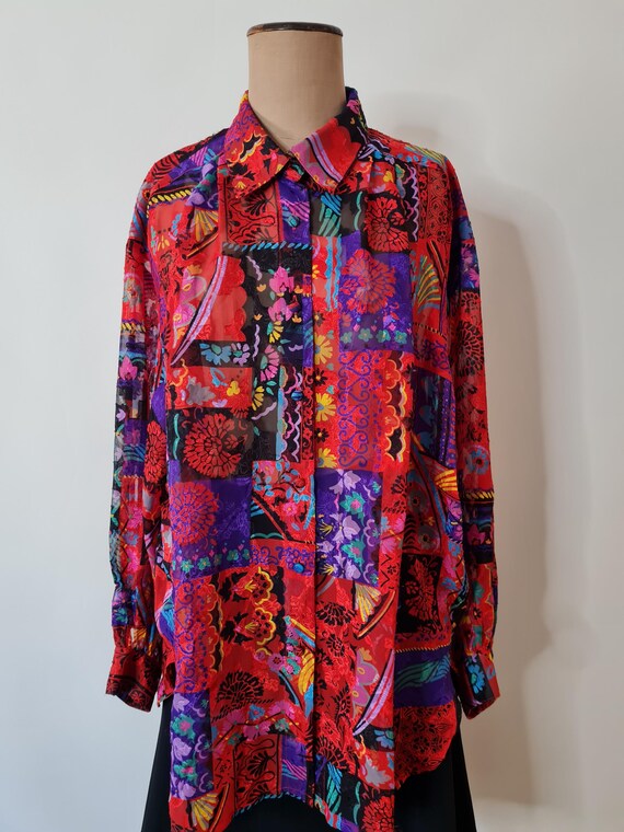 80s Patchwork Print Blouse: Red Purple Semi Sheer… - image 4