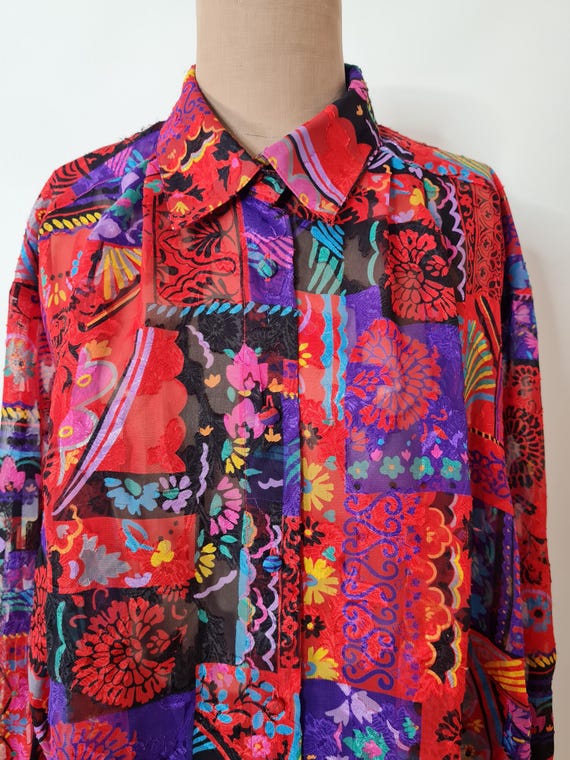 80s Patchwork Print Blouse: Red Purple Semi Sheer… - image 5